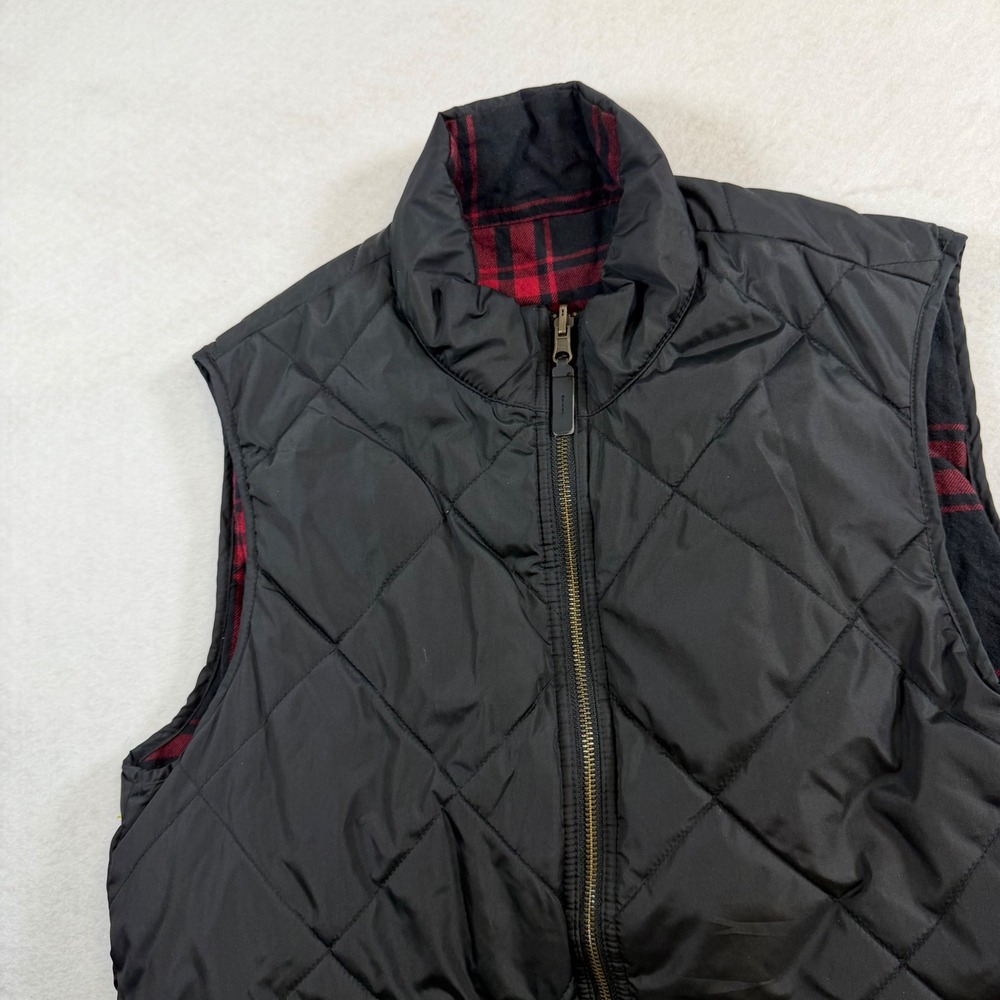 J.Crew Authentic Outerwear Mens Quilted Vest Black Plaid Lining Flap Pockets L